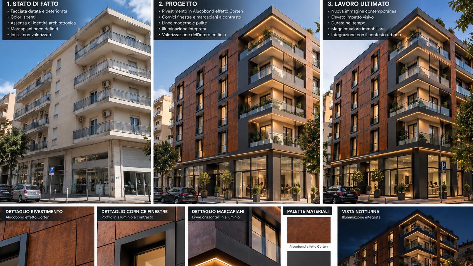 Studio illustrativo di riqualificazione architettonica: stato di fatto, progetto e visualizzazione finale