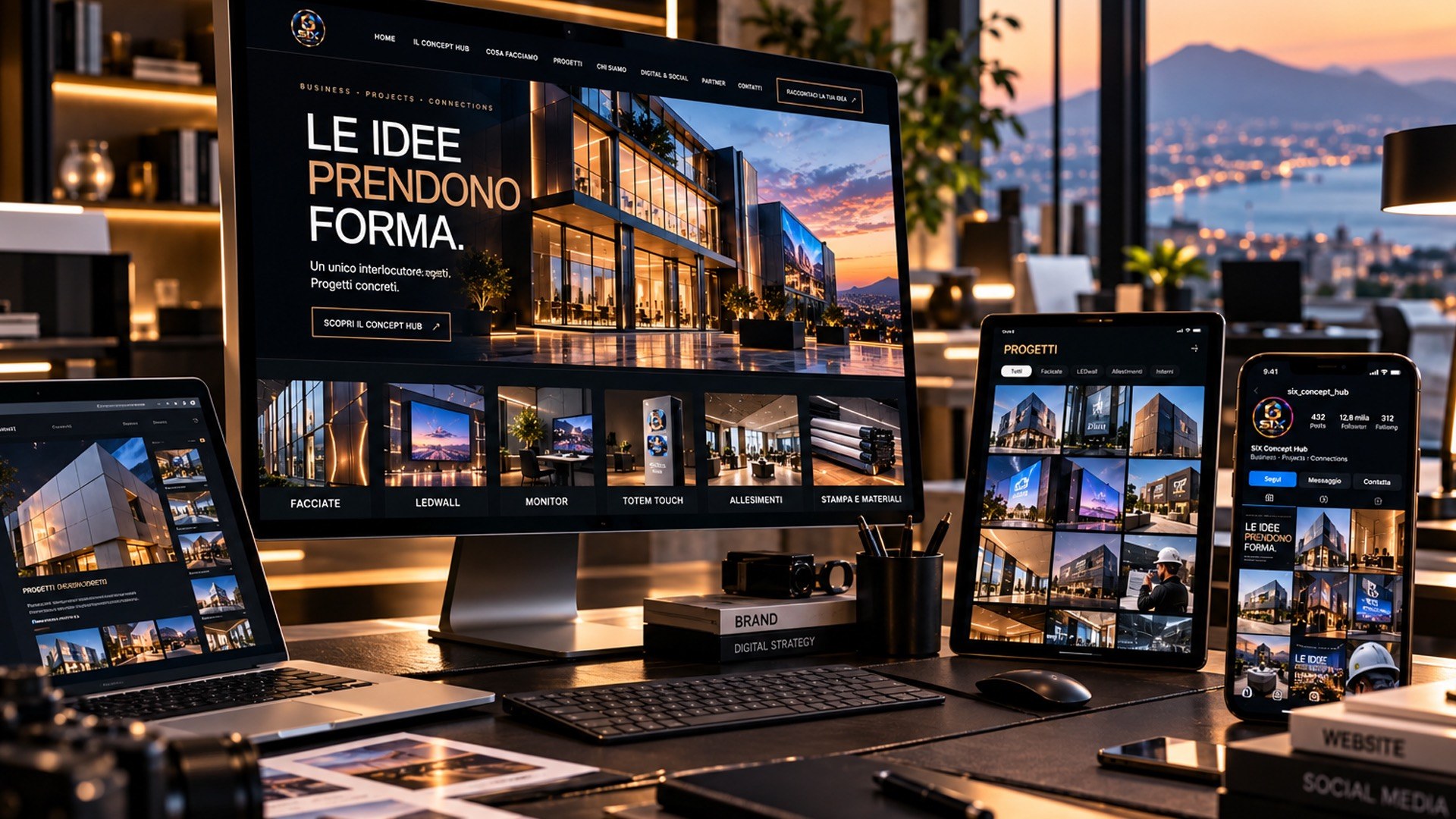 Postazioni e dispositivi per siti web e social media, concept visivo